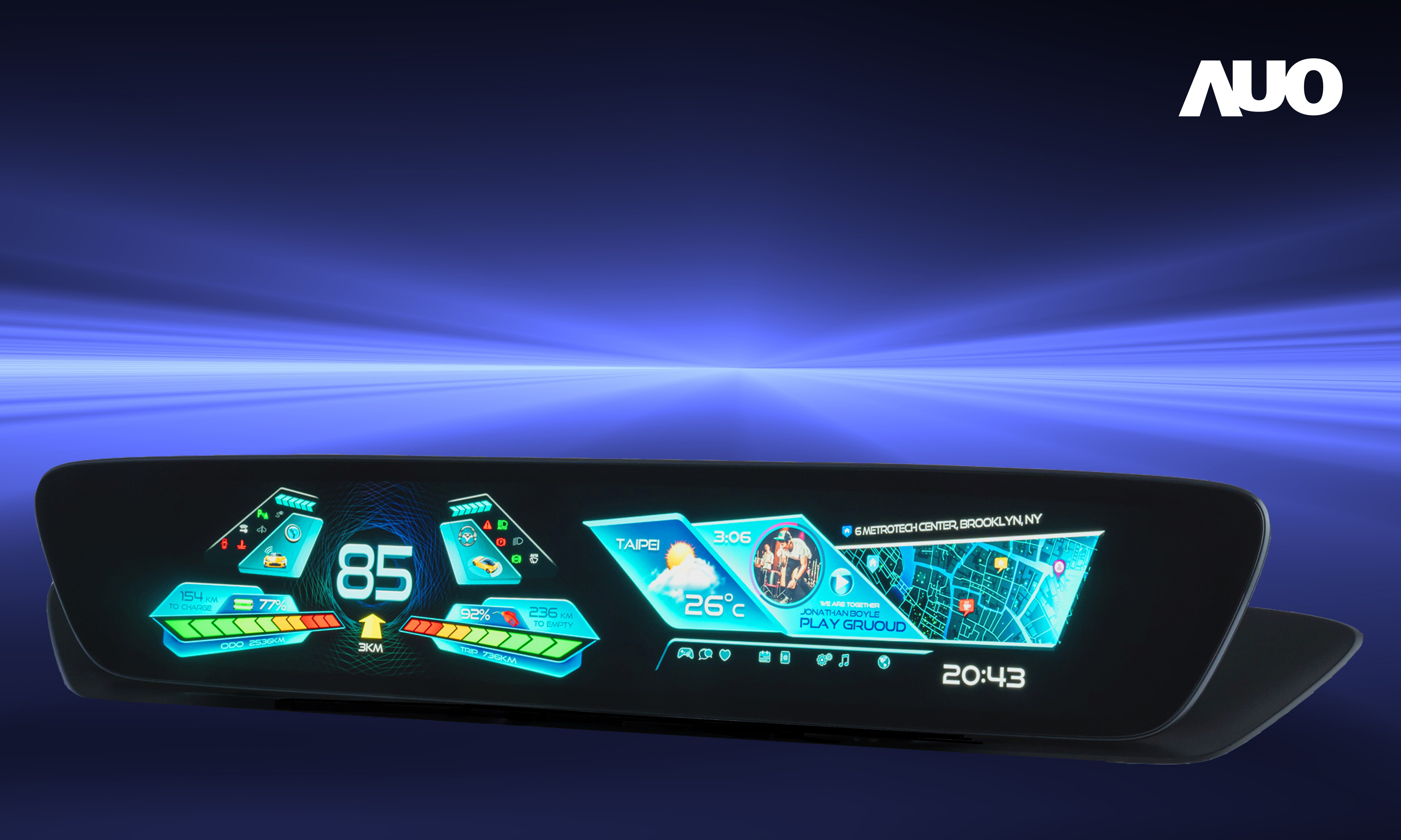 友達30.4吋異形曲面AmLED車載顯示系統，為一兼具儀表板及中控台人機介面的創新車載顯示系統，結合美學設計，提升車內科技沉浸感及使用體驗，讓車載顯示的未來應用更加多元化