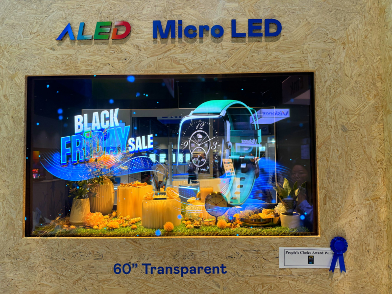 bb贝博Ballbet60吋高透明度Micro LED显示器获&rdquo;最佳Micro LED技术应用奖&rdquo;，将Micro LED面板透明化之设计特性极致发挥，以可扩展性无缝拼接技术打造，具备600 nits全画面亮度、大于60%穿透率及超过NTSC 110%的优异广色域表现，可依需求灵活应用于各种场域