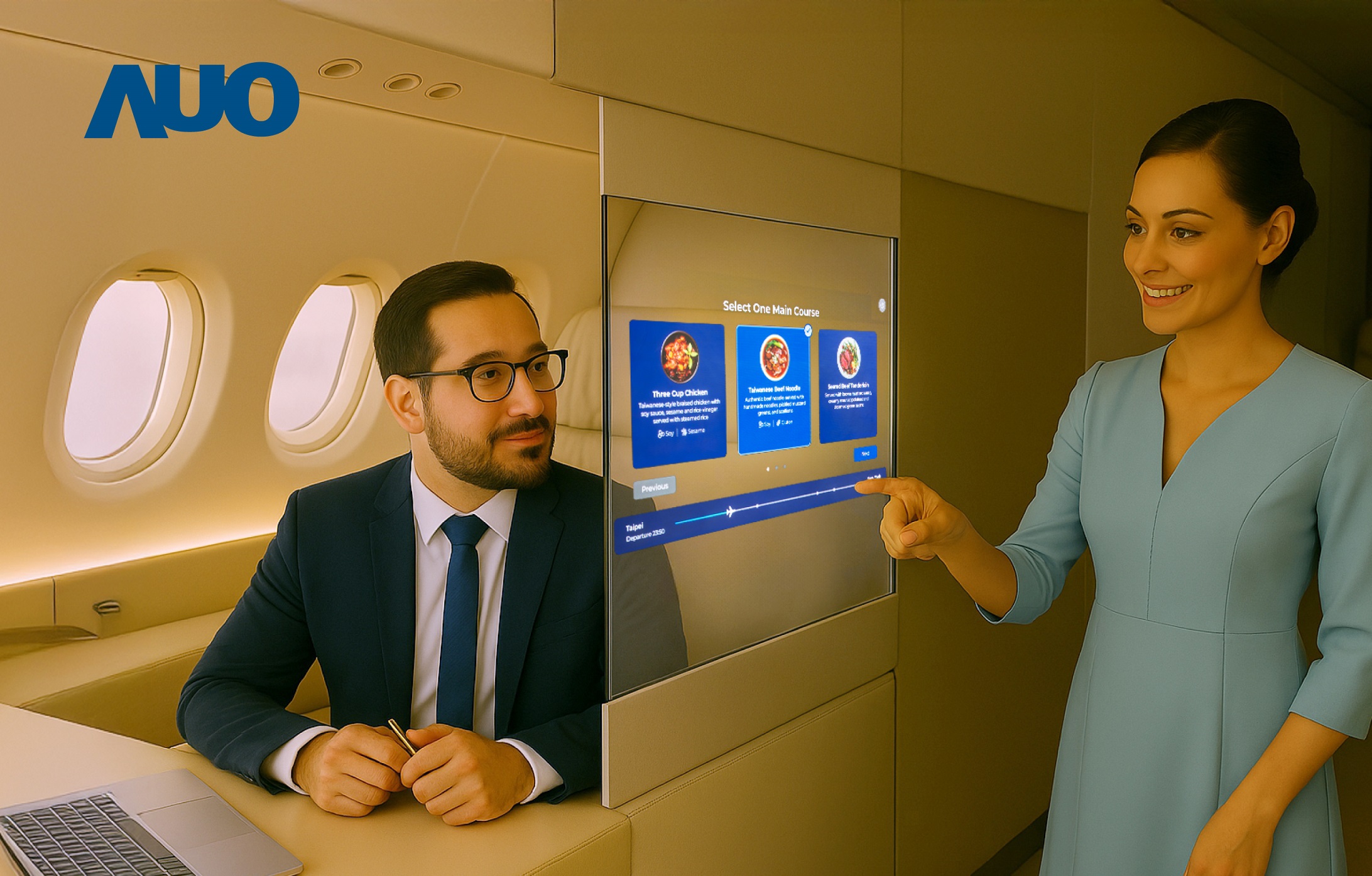 友達研發全球最薄17.3 吋雙面透明 Micro LED 顯示器，可在同一螢幕之雙邊投射不同資訊，創造獨特的「透明化」互動；圖為即時翻譯交流應用情境