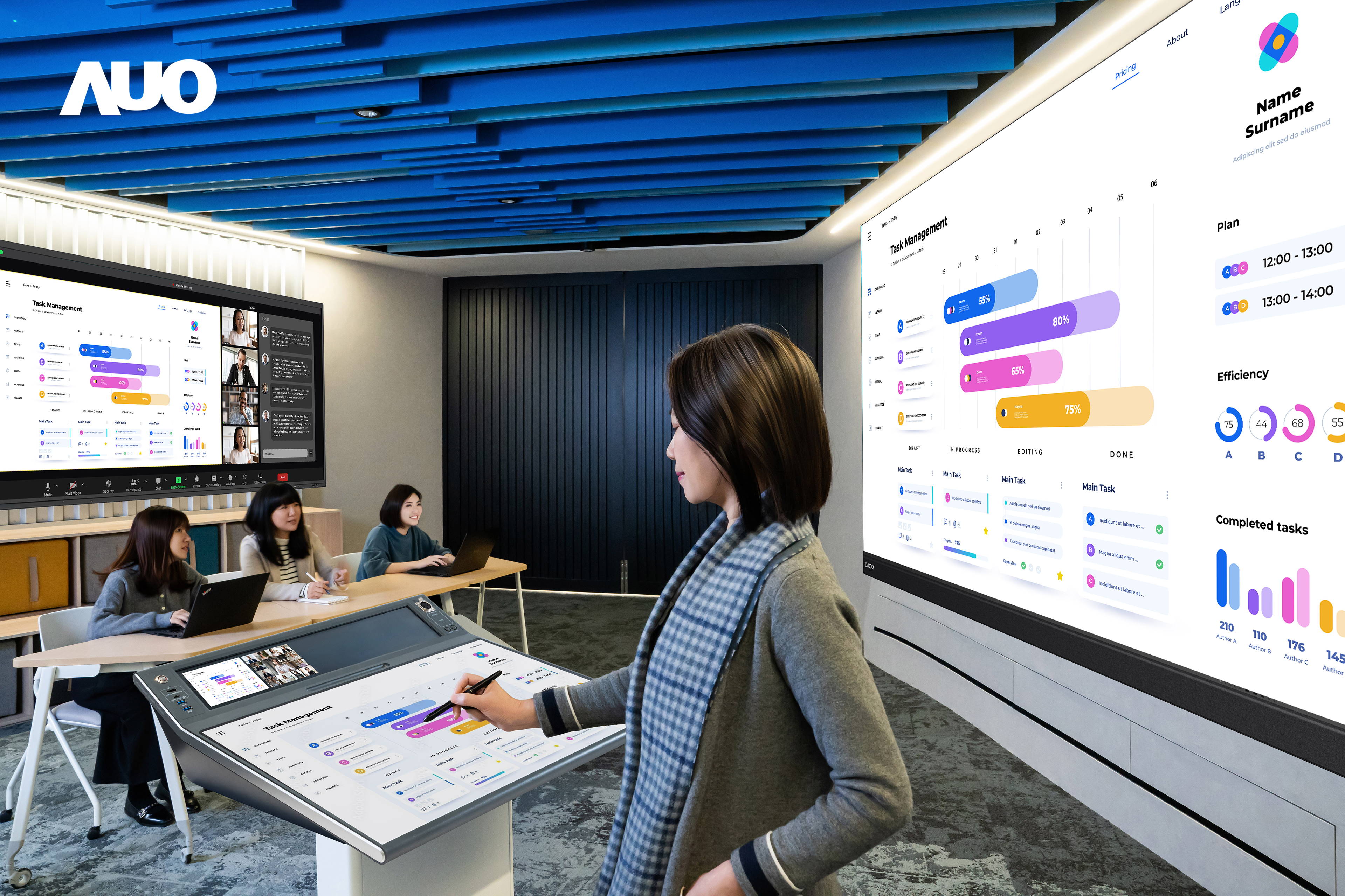 達擎攜手Avocor與Rise Vision展示全方位商務領域應用，包含採用模組化設計的138吋一體式All-in-One LED顯示器及具21:9超寬比例的92吋互動式電子白板（IFPD），講者可輕鬆分享內容，有效提升會議協作效率。